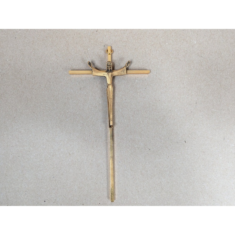 Vintage Brass Risen Christ Wall Crucifix Mid Century Modern Brutalist 8 Inch